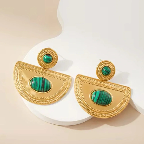 Anthropologie Jewelry - Malachite 18K Gold Stainless Steel Waterproof Earrings